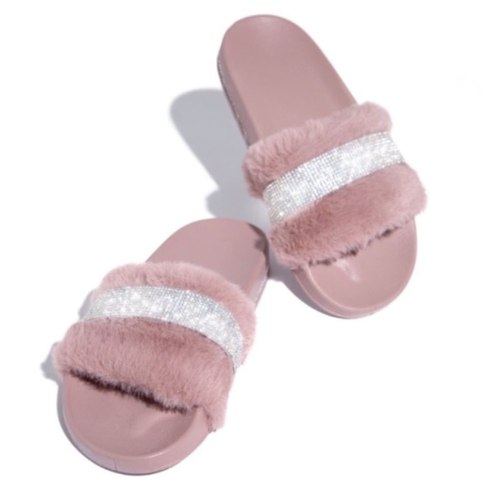 !! NEW !! Faux Fur Embellished Slides in Mauve - Picture 3 of 5